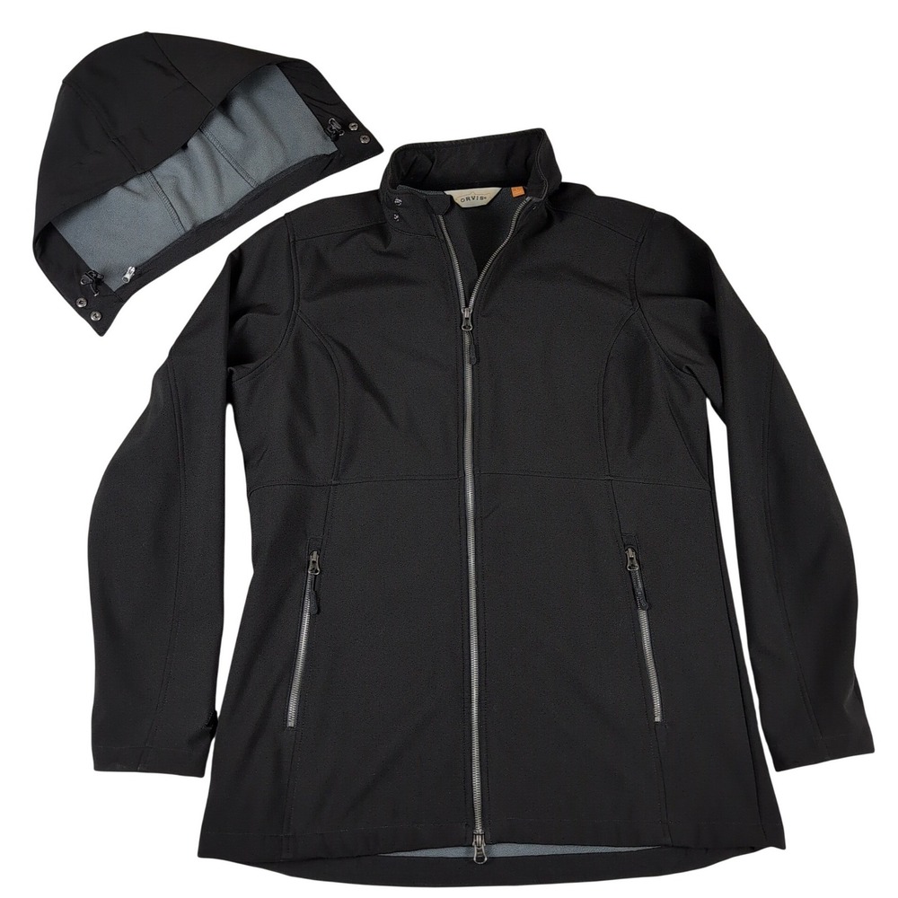 Orvis Fleece Lined Softshell Jacket Large Black Removable Hood Gorpcore EUC